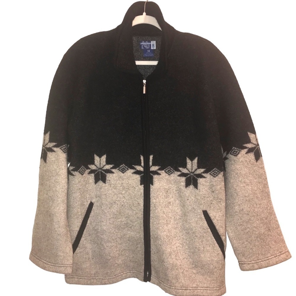 Vtg Venezia Jeans Black Gray Snowflake Wool Zippered Plush Jacket Woman’s 14 16
